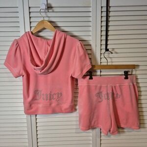 Juicy Couture Velour Rhinestone Flamingo Pink Short Sleeve Hoodie & Shorts M NWT